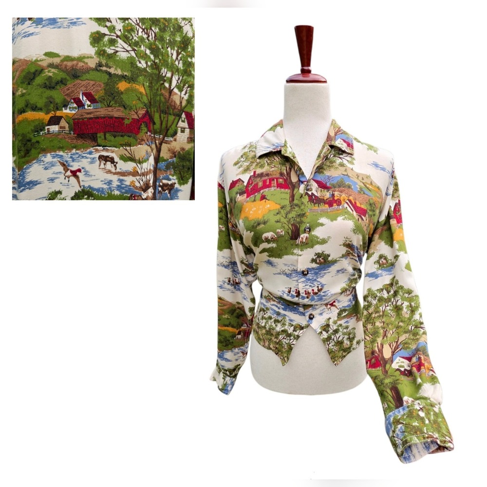 LizWear Farm Scene Button Down Size S Colorful Barn Equestrian Fall Autumn
